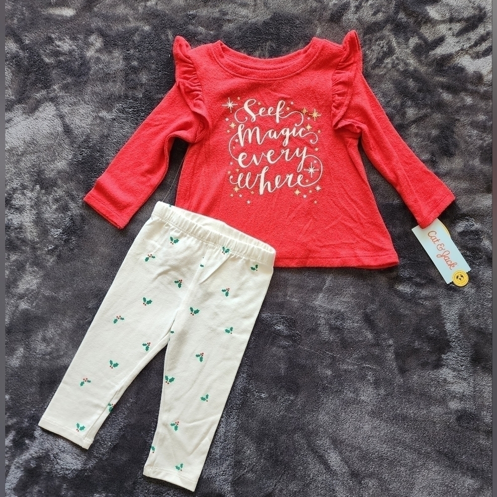 NEW Toddler Girls "Seek Magic" Long Sleeve Cozy Top +Holly Leggings Set 12m & 4t